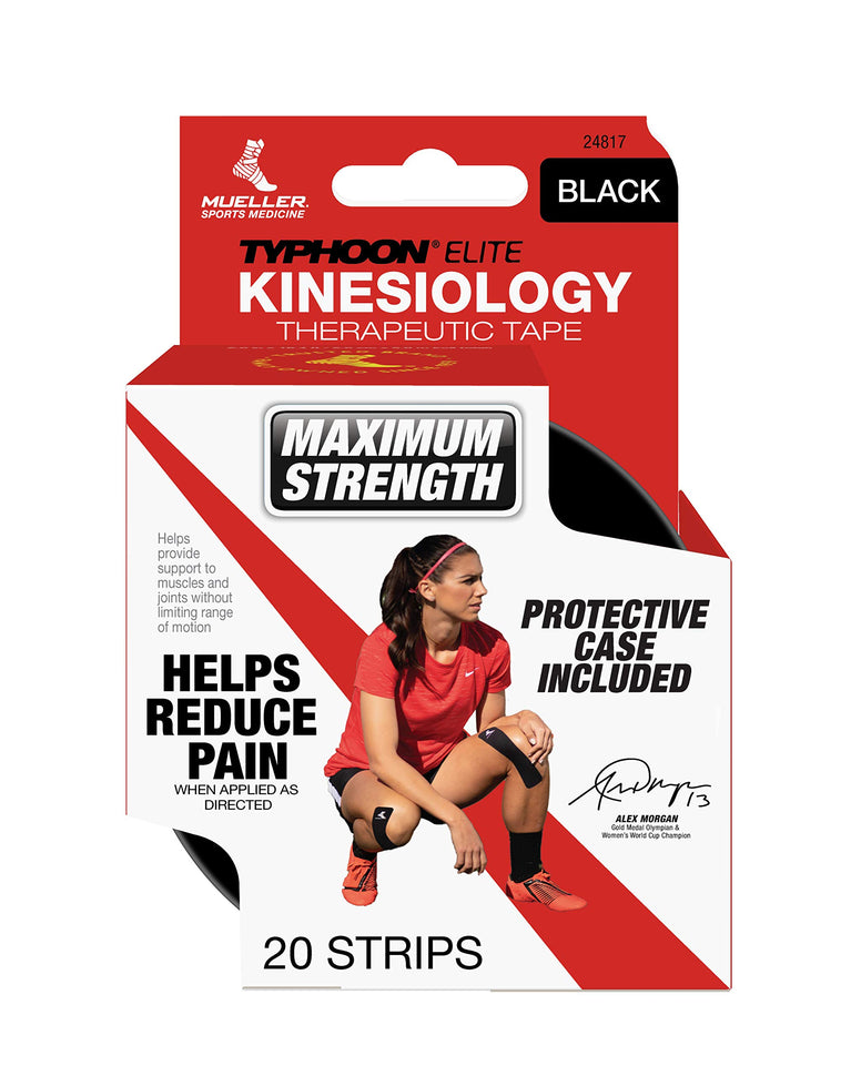Mueller Sports Medicine Typhoon Elite Kinesiology Therapeutic Tape, Pre-Cut I-Strips, Black, 20 Count