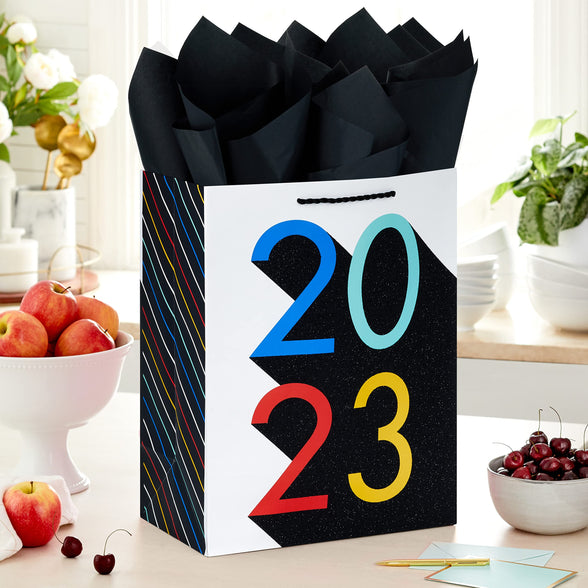 Hallmark 13" Large Graduation Gift Bag with Tissue Paper (2023 Rainbow with Black Glitter) for High School, College, Kindergarten, 8th Grade and More