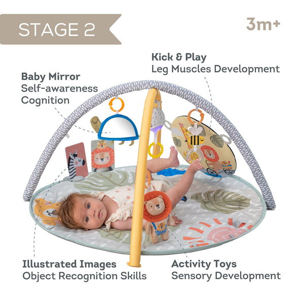Taf Toys Savannah 360 Baby Gym. Double Sided Crinkling Padded Soft Activity Play Mat with Flash Card Holder & 7 Hanging Sensory Toys. Including Pull Activated Sound & Lights. Suitable from Birth