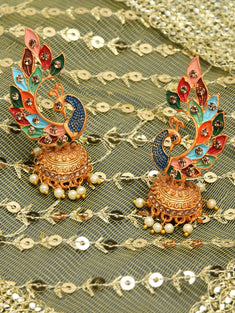 ZAVERI PEARLS Women'S 22K Gold Plated Metal Peacock Design Jhumki Earring (Multicolour, Zpfk8775)