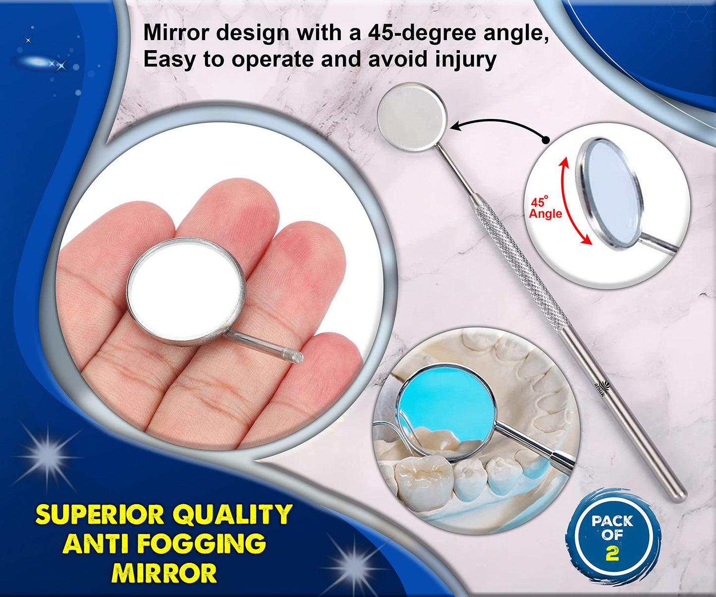 2 Pieces Dental Mouth Mirror Anti-Fog Oral Mirror Teeth Mouth Dental Mirror Teeth Inspection Mirror Curve Angle Dentist Oral Care Tool Home Use Tools