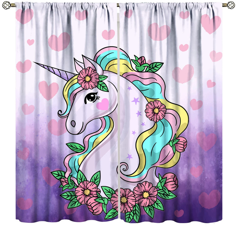 Cartoon Unicorn Kids Blackout Curtains,Cute Cartoon Purple Unicorns with Flower Pink Heart Purple Blackground for Girls Bedroom Windows Drapes Living Room Study 21x45in,2 Panel Set