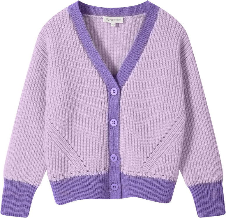 TRENDSTITCH Girls Color Block Cardigan Sweaters Open Front V Neck Button Up Sweater Knit Cardigans Outerwear