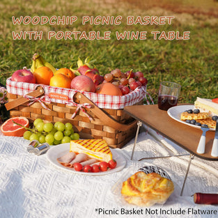 Woodchip Picnic Basket with Portable Wine Table, Woven Basket with 2 Swing Handles & Removable Lining, Empty Large Basket for Picnic, Outdoor, Camping, Family, Party, Wedding Gifts for Couple. RED