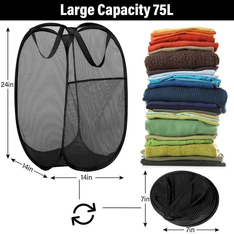 BATTOO Deluxe Strong Mesh Pop up Laundry Hamper Basket with Side Pocket for Laundry Room, Bathroom, Kids Room, College Dorm or Travel 3 Pack Black