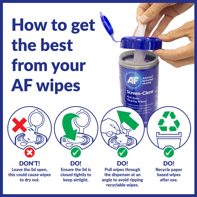 AF Anti Static Screen Cleaning Wipes - Pre-moistened for Computer, Laptop, TV, Tablets, Phone etc. Tub x100