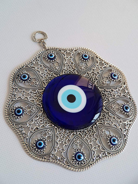 Erbulus Turkish Glass Blue Evil Eye Wall Hanging Ornament - Metal Home Decor - Turkish Amulet - Protection and Good Luck Charm Gift in a Box