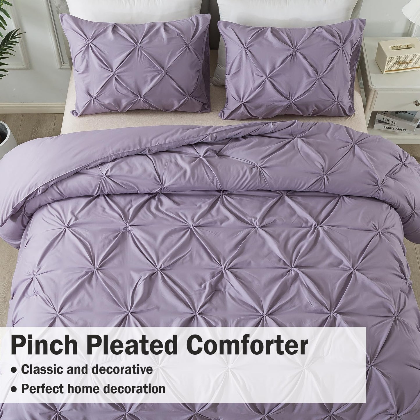 Andency Grayish Purple Pinch Pleated Comforter Queen(90x90Inch), 3 Pieces Pintuck Soft Microfiber Down Alternative Lightweight Comforter Bedding Set(1 Pintuck Comforter and 2 Pillowcases)