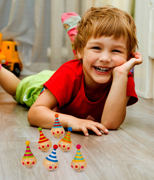 small foot Set of 6 Clown Spinning Tops, Solid Wood with Colourful Clown Face, Motor Skills Toy, 6138 Toys, 5 x 3.5 x 3.5 cm