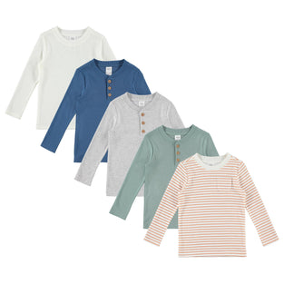 Cudlie 5-Pack Baby/Toddler Boy Long Sleeve Shirt - Basic Tshirt Tops, Light Undershirt - Solid & Striped Tees for Boys