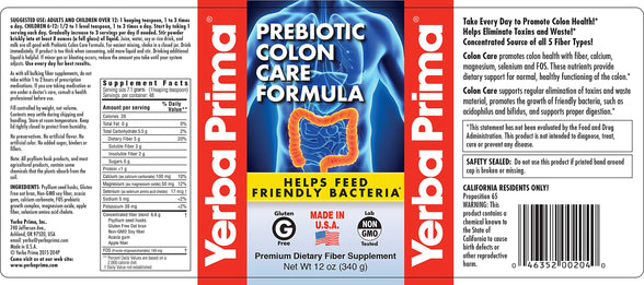 Yerba Prima Prebiotic Colon Care Formula Fiber Powder, 12 Ounce