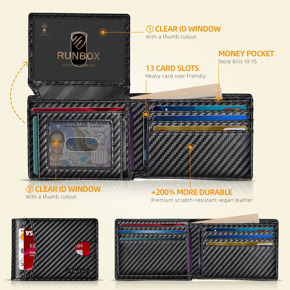 RUNBOX Men's Wallets Slim Rfid Leather 2 ID Window With Gift Box Men's Accessories, Carbon Black-new, medium, 15 Slots