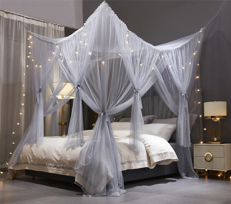 VETHIN 4 Corners Post Princess Bed Canopy Curtain Double Layer Cozy Drape Netting 4 Opening Mosquito Net for Girls & Adults Bedroom Decoration Accessories (Double Gray, 59" W*82" L*82"*H/(Queen))