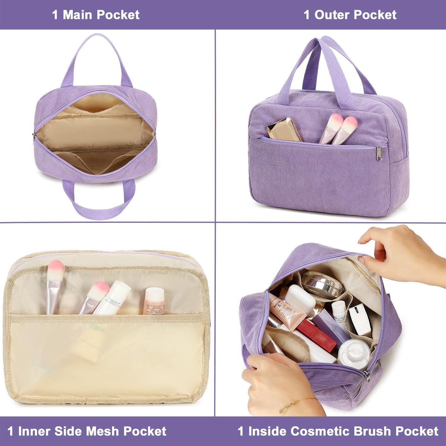 Makeup Bag for Women Girls Cute Corduroy Travel Cosmetic Tote Large Make Up Organizer Toiletry Bags Zipper Pouch Purse, Corduroy-Purple
