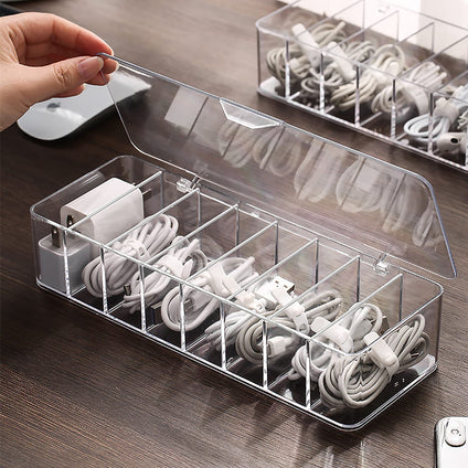 Necomi Data Cable Organizer Storage Box With Lid صندوق تخزين منظم الكابلات Transparent Charger Cable Organiser Desk Accessories Storage Organizer Cable Management Tidy With 10 Cable Ties Straps