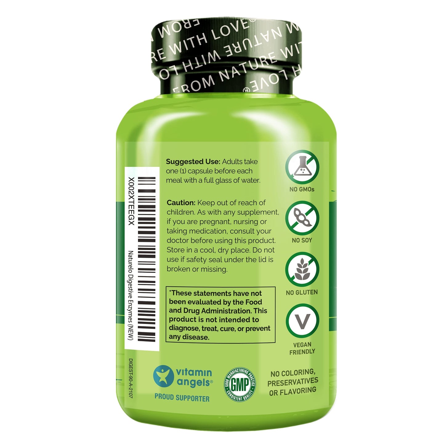 NATURELO Digestive Enzymes | Full Spectrum Support with a Broad Blend of 15 Enzymes Plus Ginger | Post-meal Bloating Relieft, Helps reduce Gas and Discomfort | 90 Vegan Capsules