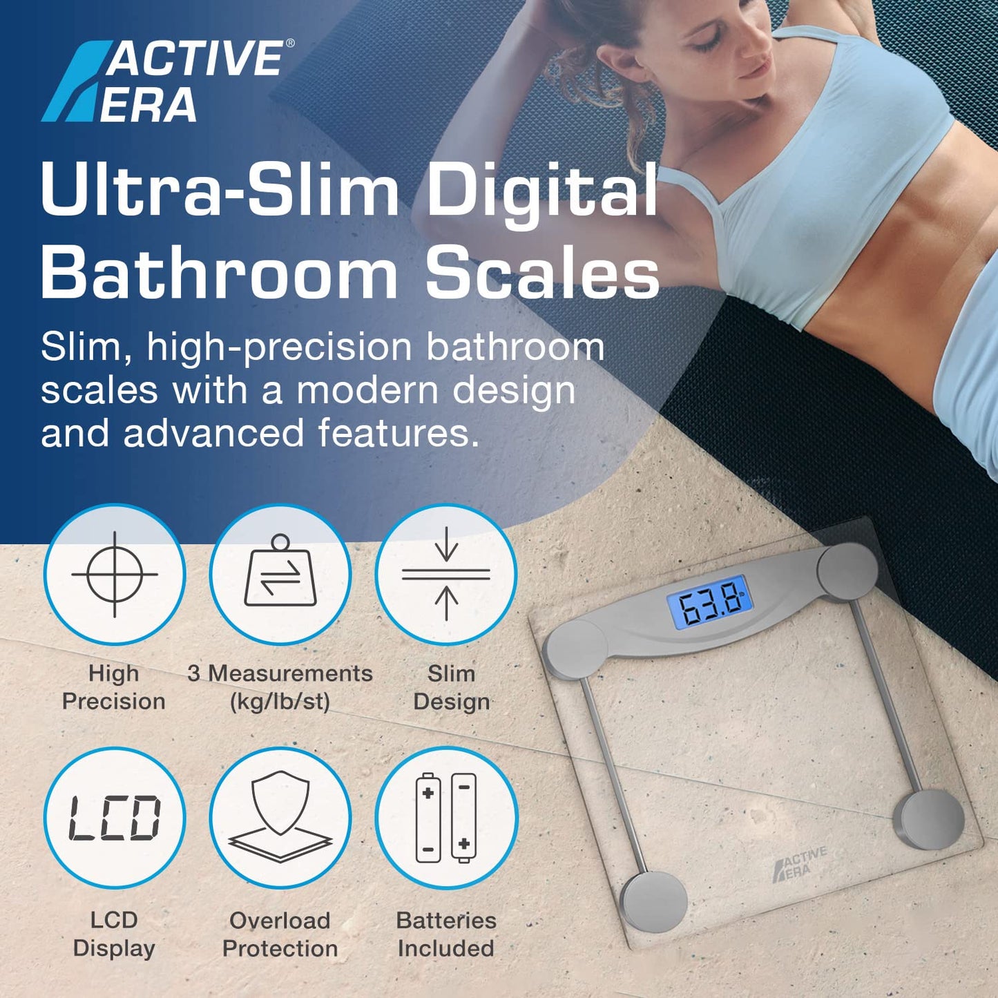 Active Era Weight Scale - Ultra Slim Digital Bathroom Scales for Body Weight with High Precision Sensors and Tempered Glass (Stone/kgs/lbs)