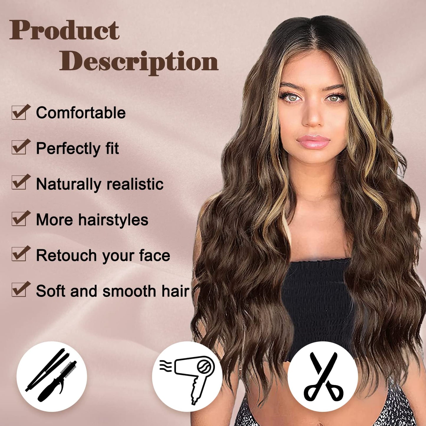 NAYOO Long Brown Mixed Blonde Wavy Wig for Women 26 Inch Middle Part Curly Wavy Wig Natural Looking Synthetic Heat Resistant Fiber Wig for Daily Party Use (Brown Mixed Blonde)