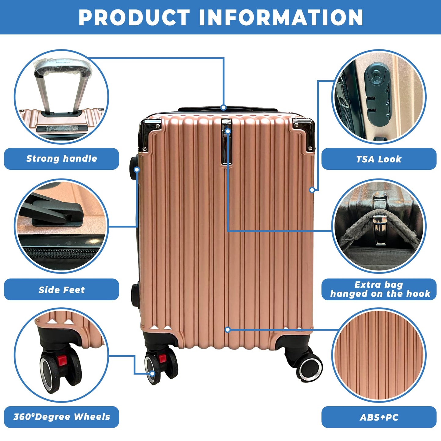 Carry on travel luggage (size 20) fashionable Hard-shell (Hard side) trolley bag, with 360 spinner wheels, and extra protection or corners and sides. (Rose gold)