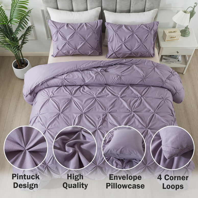 Andency Grayish Purple Pinch Pleated Comforter Queen(90x90Inch), 3 Pieces Pintuck Soft Microfiber Down Alternative Lightweight Comforter Bedding Set(1 Pintuck Comforter and 2 Pillowcases)