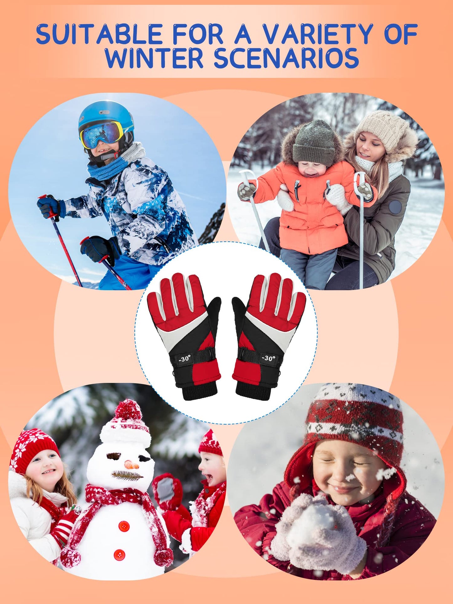 Hicarer 3 Pairs Kids Winter Gloves Waterproof Snow Ski Gloves Windproof Warm Unisex Thermal Snow Mitten for Cold Weather Girls Boys