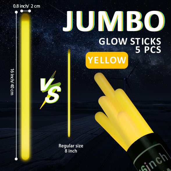 Deekin 5 Pcs 16 Inch Industrial Grade Glow Sticks Bright Jumbo Light Stick Glow in The Dark Emergency Large Glow Sticks Bulk for Camping, Hiking, Hurricane, Survival Kit