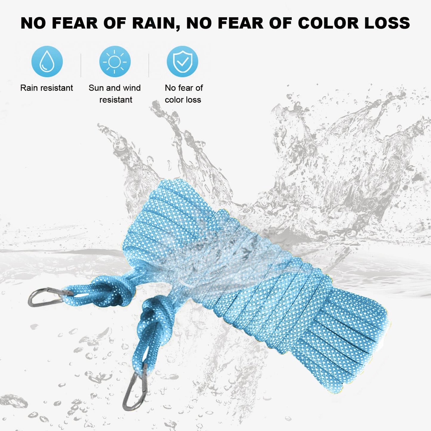 Washing Rope, 15m Quality Strong Woven Clothes Line with Two Metal Hooks,Heavy Duty Rust-proof and Waterproof Laundry String Prop String for Camping Garden Garage(Blue)