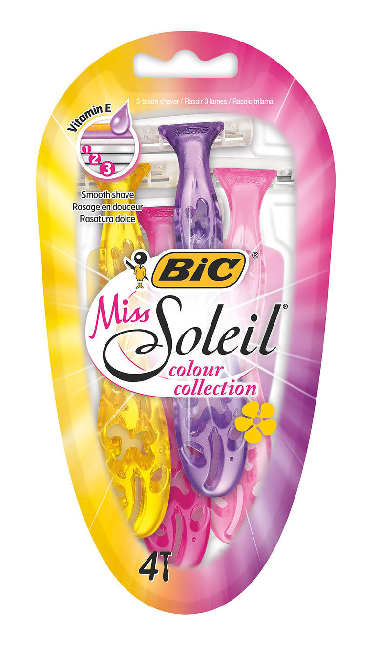 Bic Miss Soleil Colour Collection Special Edition Razors - Pack 3+1 (4 Total) Three-Blade Razors - Fixed Head And Lubricating Strip For A Clean, Precise And Gentle Shave