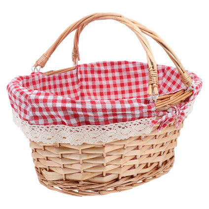 Cabilock Woven Baskets Picnic Basket with Handles: Wicker Basket Eggs Candy Basket with Red and White Gingham Blanket Lining for Egg Gathering, Wedding, Candy Gift Vintage Home Woven Decor