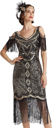 Excefore 1920s Flapper Dress Long Fringe Gatsby Dress Roaring 20s Sequin Beaded Dress Vintage Art Deco Dress, M