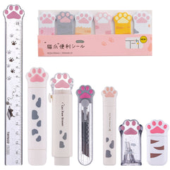 8 Pcs Cute Cat Paw Stationery Set Kawaii School Supplies Including Pencil Sharpener Retractable Eraser Correction Tape Sticky Notes Ruler Mini Scissors Utility Knife for Cat Lovers Students (White)