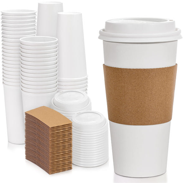 Fit Meal Prep White Coffee Cups with White Dome Lids and Brown Sleeves, 20oz Disposable Paper Coffee Cups, Take-Out Cups for Hot Chocolate, Tea and Other Drinks