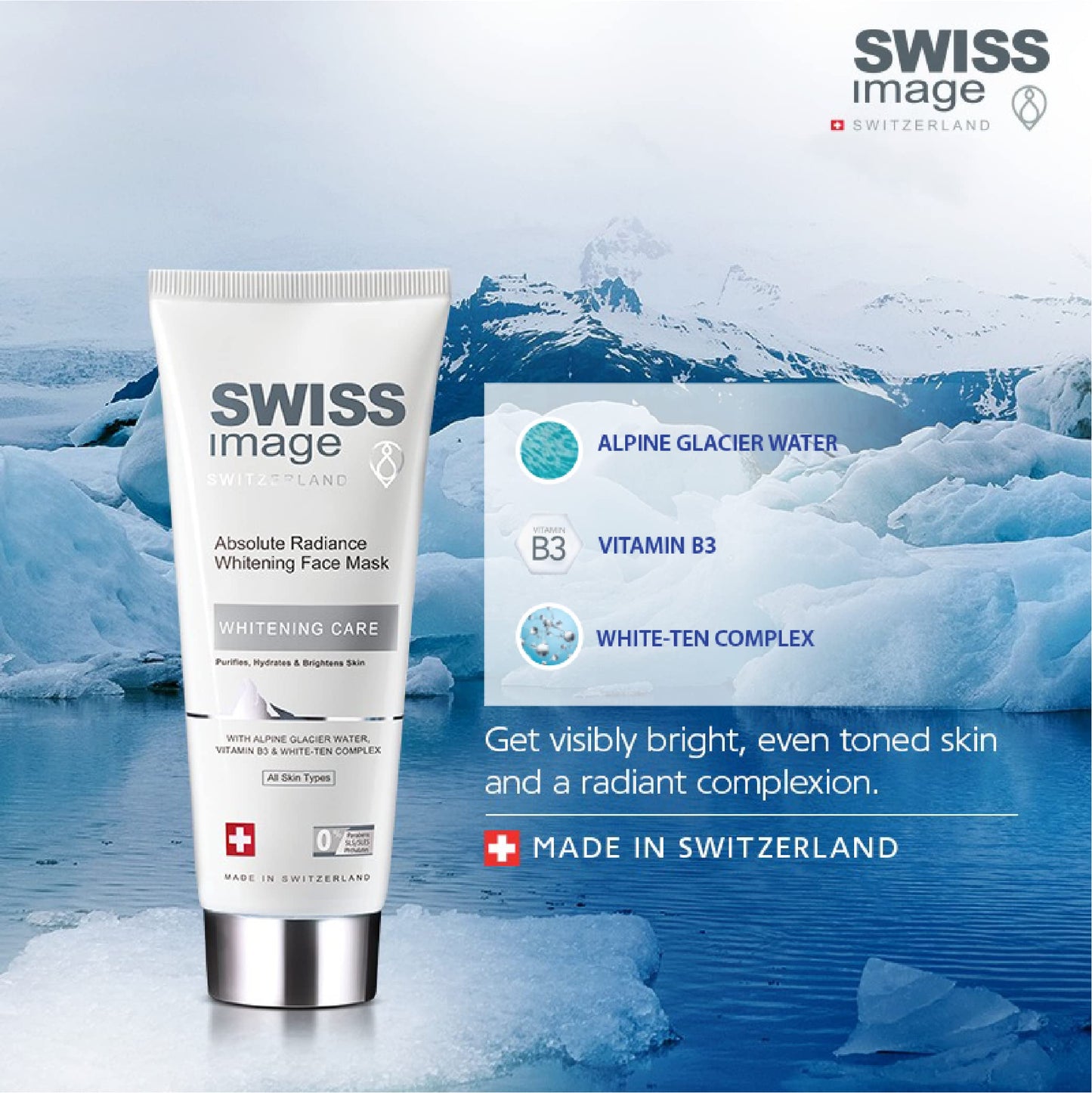 Swiss Image Brightening Skin Care Kit For Radiant & Glowing Skin- Face Wash 200ml, Face Mask 75ml, Serum 30ml & Night Cream 50 ml For All Skin Types, Enriched with Vitamin B3 & White Ten Complex