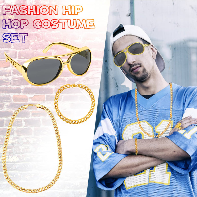 Dreamtop 8Pcs Hip Hop Costume Accessories kit, 80s 90s Hip Hop Fancy Dress Accessories with Disco Gold Dollar Sign Necklace Bracelet Hip Hop Rings Earrings Sunglasses for Women Men Hippie Rapper