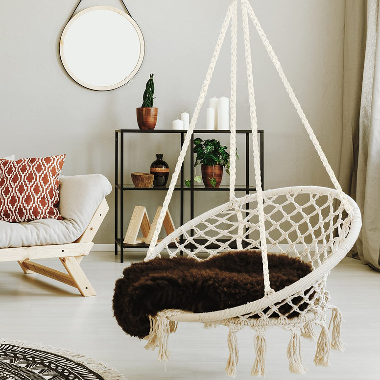 WBHome Hammock Chair Swing w/Hardware Kit, Cotton Rope Hanging Macrame Swing Chair for Bedroom, Patio, Yard, Indoor, Outdoor, Max Weight 265 Lbs (Beige)