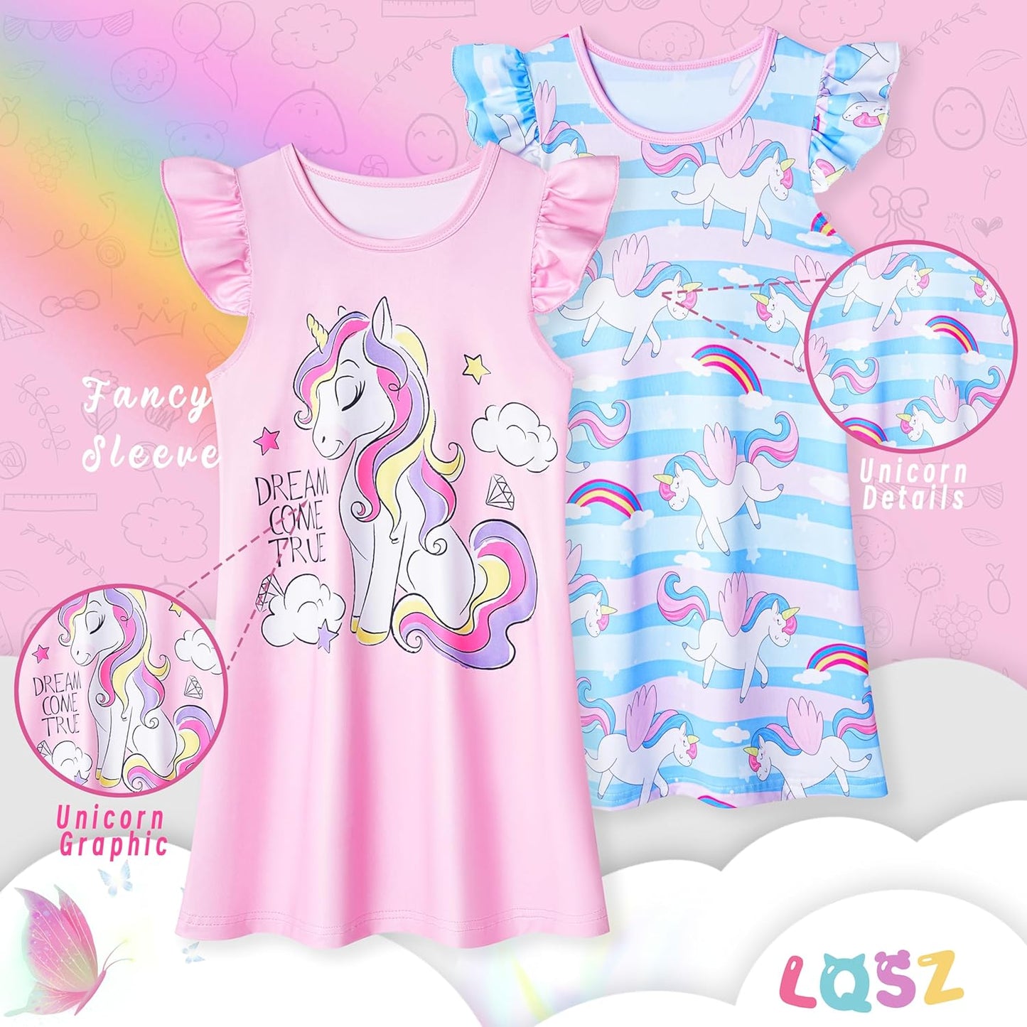 LQSZ 2Pcs Girls Nightgowns 3-10 Years Flutter Short Sleeves Dress Nightdress Sleepwear Pajamas Nightgowns for Girls