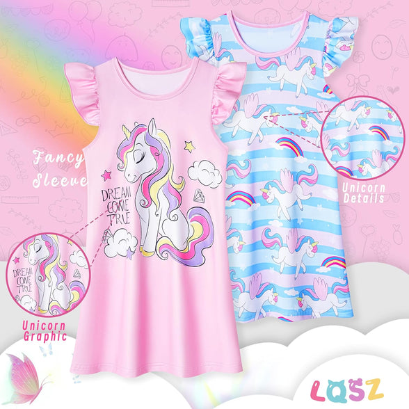 LQSZ 2Pcs Girls Nightgowns 3-10 Years Flutter Short Sleeves Dress Nightdress Sleepwear Pajamas Nightgowns for Girls