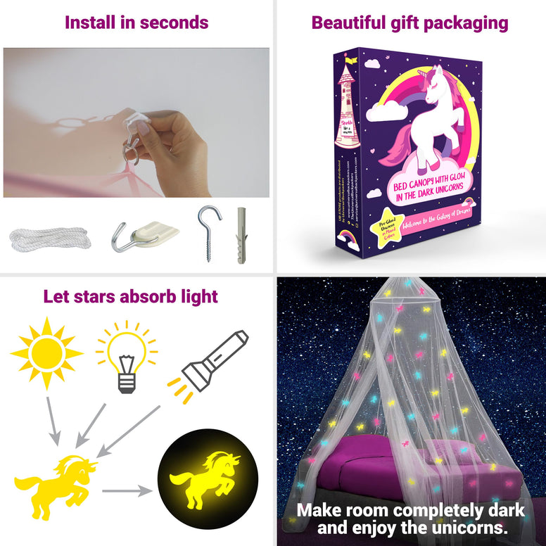 Canopy for Girls Bed with Pre-Glued Glow in The Dark Unicorns - Princess Mosquito Net Room Decor - Kids & Baby Bedroom Tent with Galaxy Lights - 1 Opening Canopy Bed & Hanging Kit Included