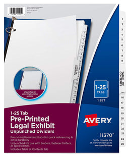 Avery Premium Collated Legal Exhibit Divider Set, Avery Style, 1-25 and Table of Contents, Side Tab, 8.5 x 11 Inches, 1 Set (11370), White