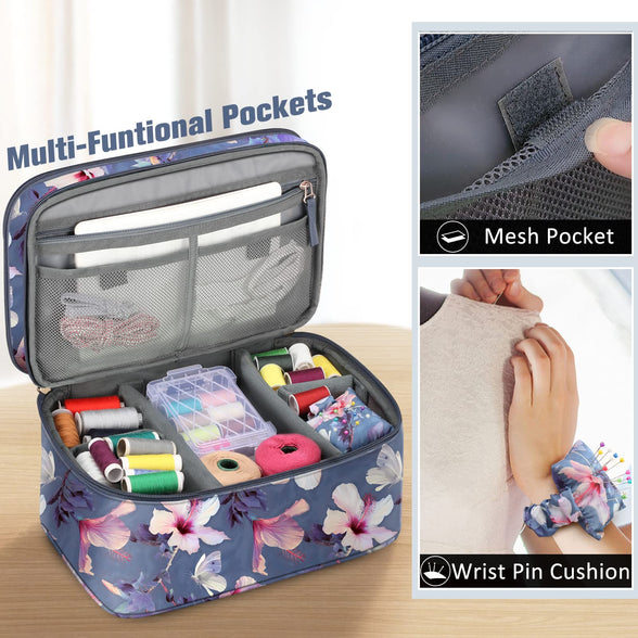 FINPAC Sewing Accessories Storage and Organizer Case, Double-Layer Sewing Kits Carrying Bag with Wrist Pin Cushion for Threads, Needles, Embroidery Floss Supplies, Felting Kits (Blooming Hibiscus)