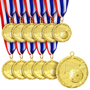Juvale Gold Medals for Soccer Game - 12-Pack Metal Medals - Winner Awards for Kids Soccer, Football, Foosball, Sport Games, 2 Inches in Diameter with 31-Inch Ribbon, Gold, Metal