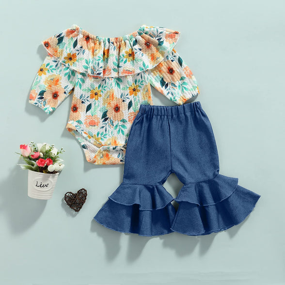 0-18M Infant Baby Girl Clothes Set Floral Print Ruffle Collar Long Sleeve Romper+Denim Flare Pants