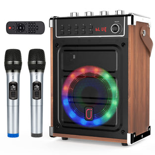 JYX Karaoke Machine with 2 UHF Wireless Microphones, Bluetooth Speaker with Bass/Treble and LED Light, Studio Subwoofer Support TWS, AUX in, FM, Supply for Party/Meeting/Wedding - Brown