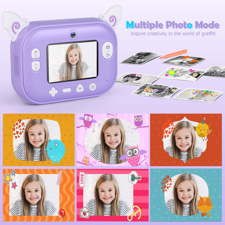 Tohsssik Instant Print Selfie Camera for Kids, Digital Zero Ink Video Camera 1080P FHD Rechargeable Kids Camera, Ideal Toy Learning Camera for 3-12 Years Old, Connect Mobile Phone, 1500mAh