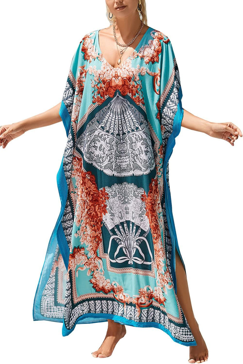 YouKD Maxi Dress V-Neck Kaftan Boho Robes Beach Cover-ups Dress Roomy Gowns for Women