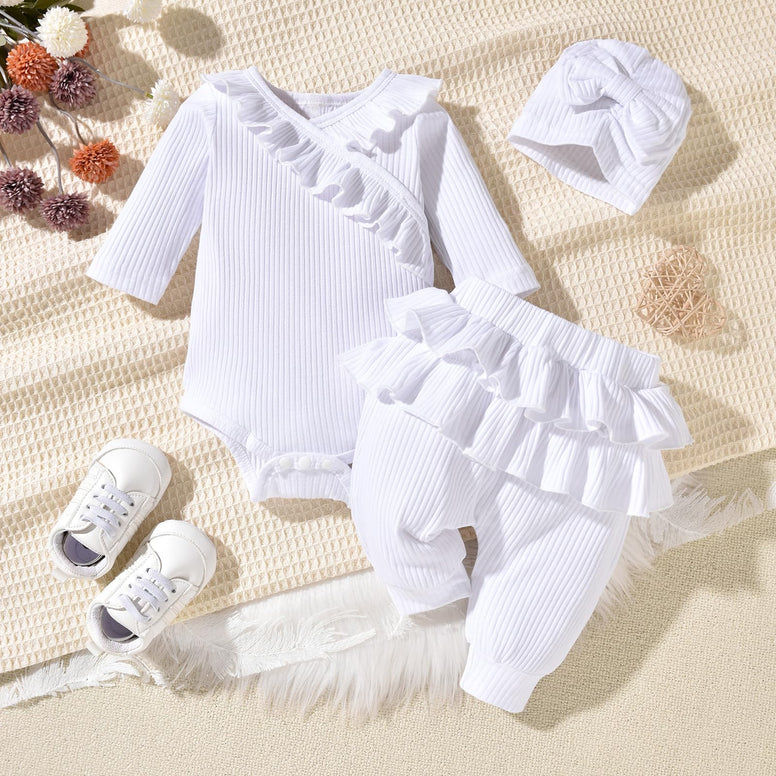 fioukiay Preemie Newborn Baby Girl Clothes Infant Girl Solid Ribbed Outfits Ruffle Romper and Pants 3PC Clothing Sets 3-6 Months
