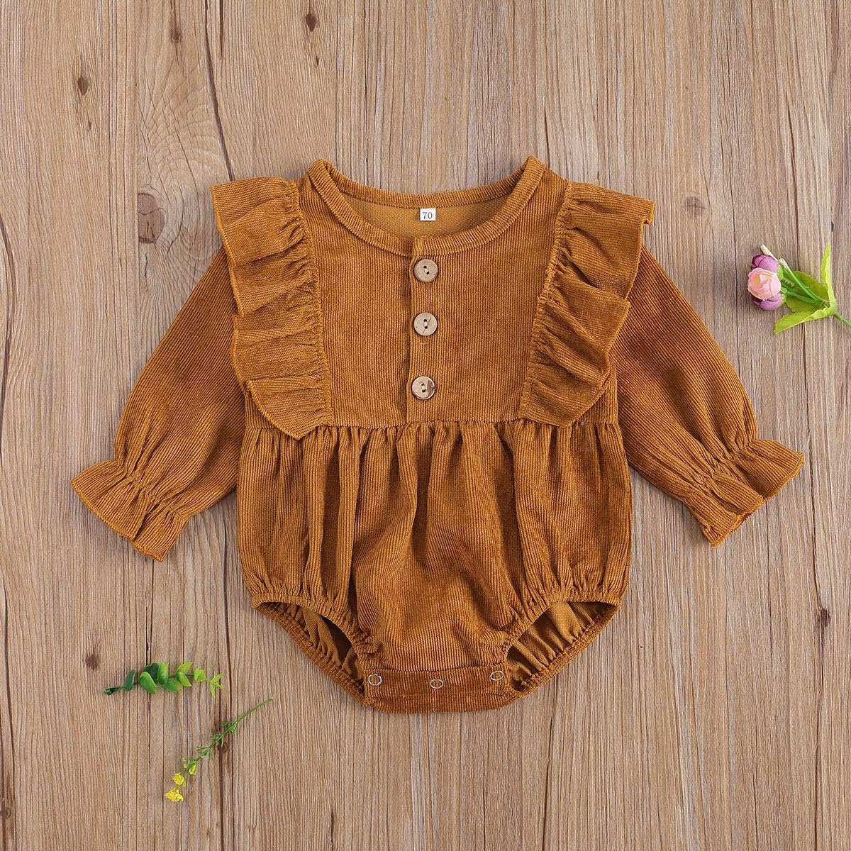 Infant Baby Girl Clothes Solid Ruffle Long Sleeve Romper Bodysuit Tops One Piece Jumpsuit Fall Winter Outfit 3-6 Months