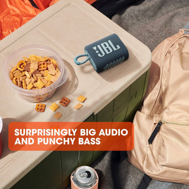JBL Go 3 Portable Waterproof Speaker with Pro Sound, Powerful Audio, Punchy Bass, Ultra-Compact Size, Dustproof, Wireless Bluetooth Streaming, 5 Hours of Playtime - Blue, JBLGO3BLU