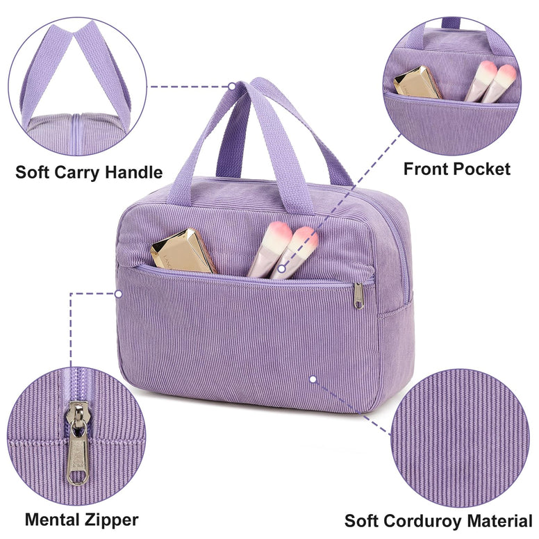 Makeup Bag for Women Girls Cute Corduroy Travel Cosmetic Tote Large Make Up Organizer Toiletry Bags Zipper Pouch Purse, Corduroy-Purple