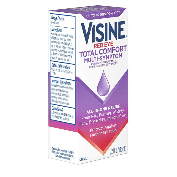 Visine Red Eye Total Comfort Multi-Symptom Eye Drops, All-in-One Astringent, Lubricant & Redness Reliever Eye Drops for Irritated, Dry, Burning, Watery, Itchy, Red, Gritty Eyes, 0.5 fl. oz